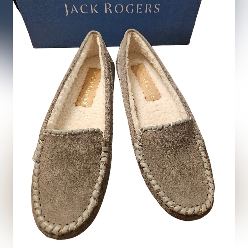 Jack Rogers Millie Moccasins Leather Faux-shearling Sz 7.5 Gray NEW BOX